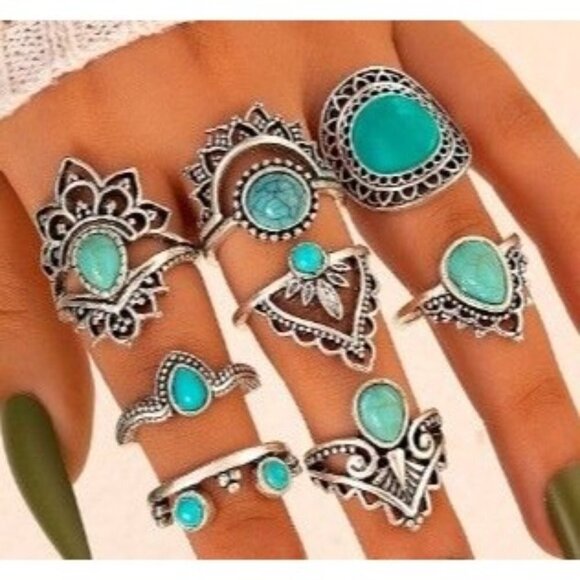 Antique Silver Turquoise Style Rings QTY 8 - Picture 1 of 2